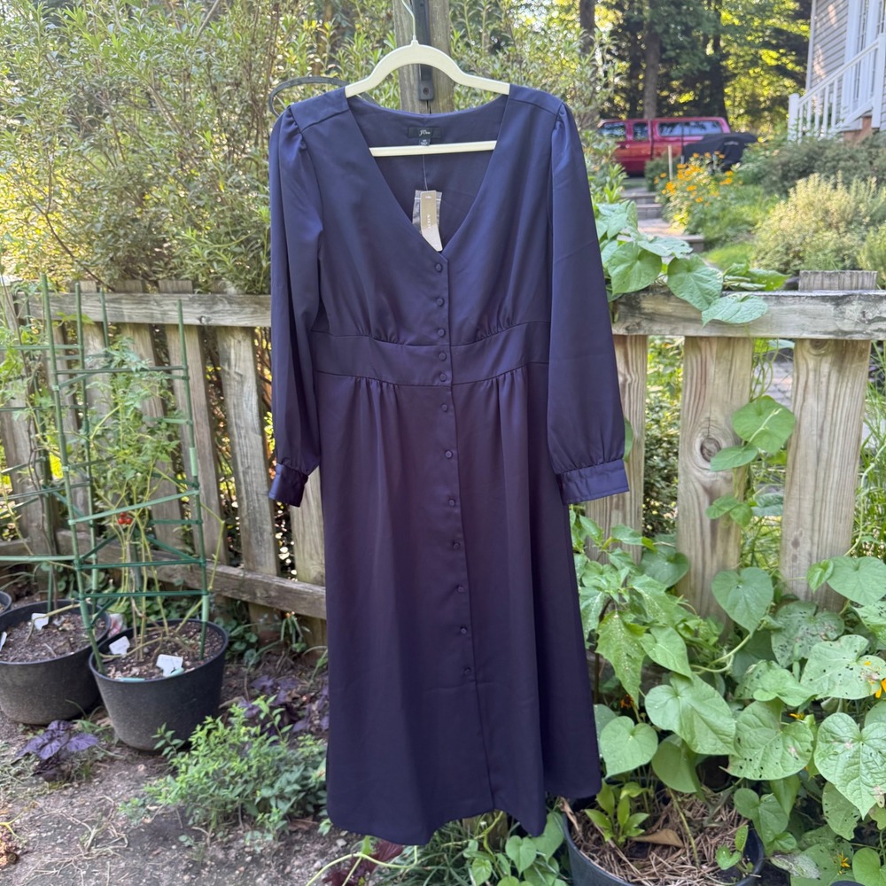 J.Crew Factory Minimalist Navy Midi Dress Size 10 Button Front Long Sleeve NWT